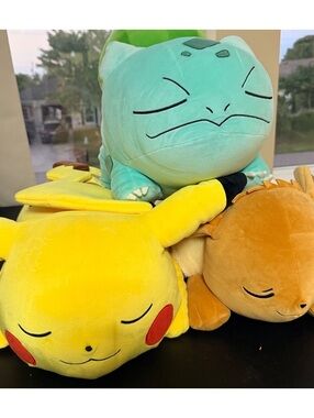 3 Large Pokémon Sleeping Plush – Pikachu, Eevee & Bulbasaur – Official Nintendo